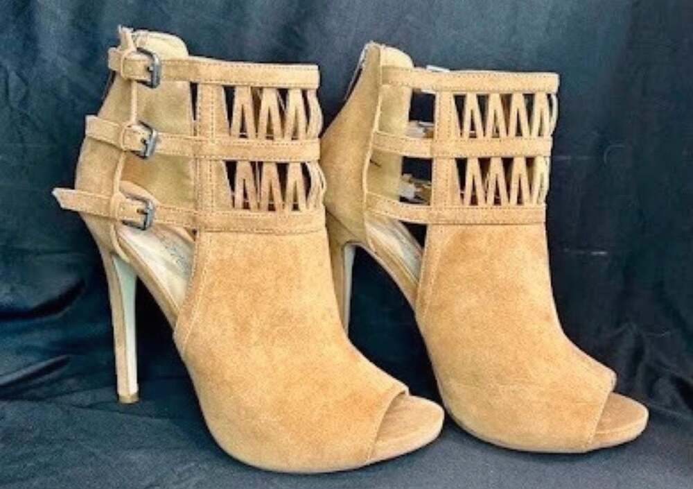 Heidi ShoeDazzle Tan Faux Suede Peep Toe Stiletto Ankle Booties  w/Cut-Out Strap